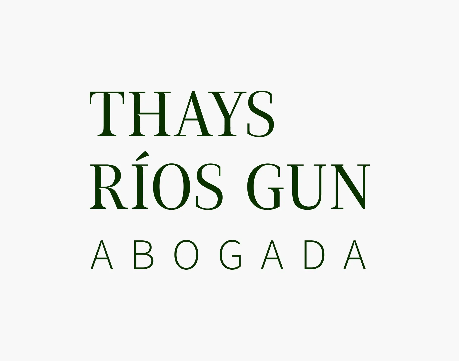 Dark green Thays Rios Gun Abogada logo wordmark on a clean white background demonstrating high end law firm visual asset design.