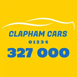 A bright yellow background with blue text displaying the business name “CLAPHAM CARS” and a phone number “01234 327 000.” Above the business name, there’s a simple white line drawing resembling the contour of a car.

CLAPHAM CARS 01234 327 000