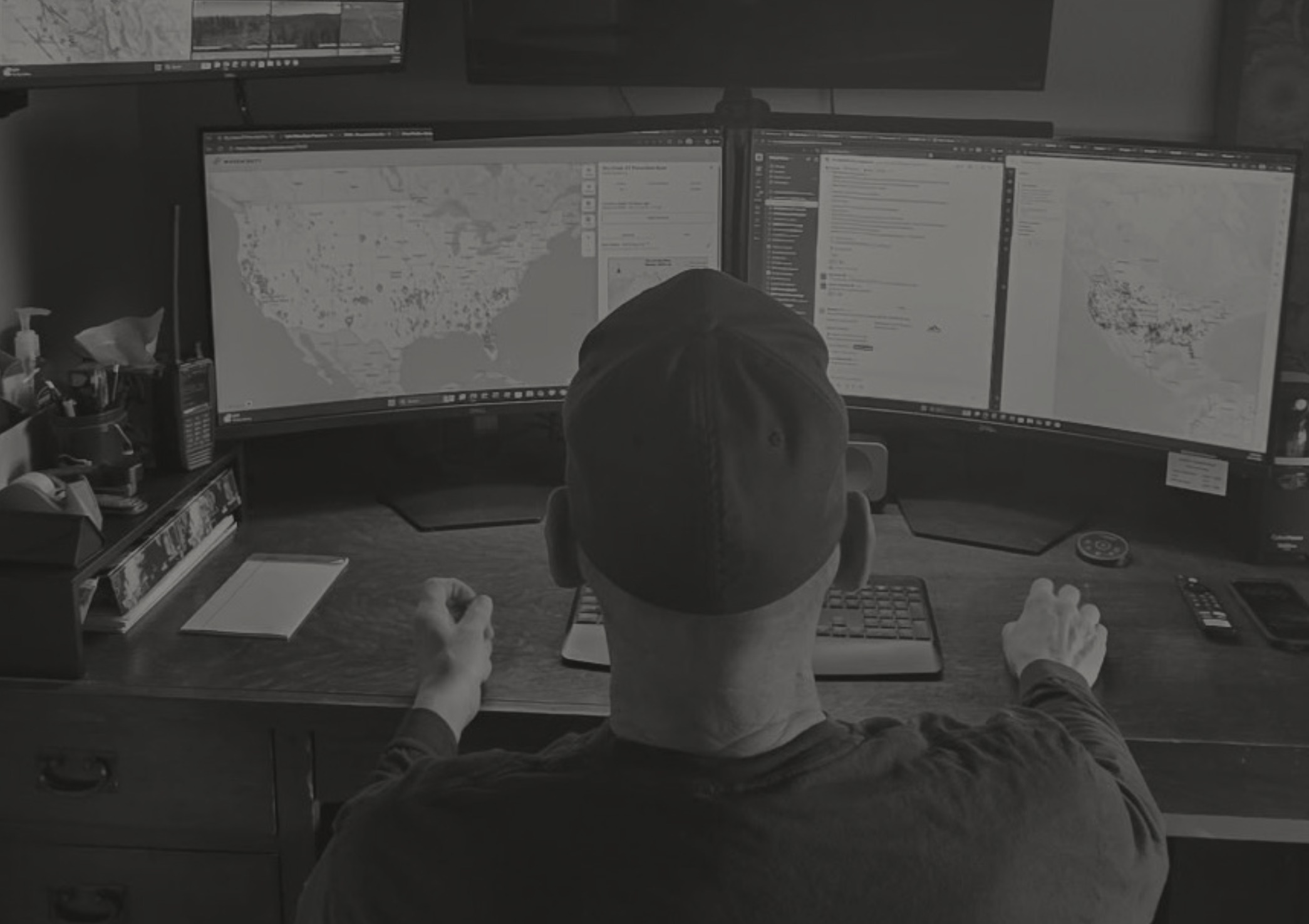Person wearing a cap working at a desk with a curved triple-monitor setup displaying maps and documents.