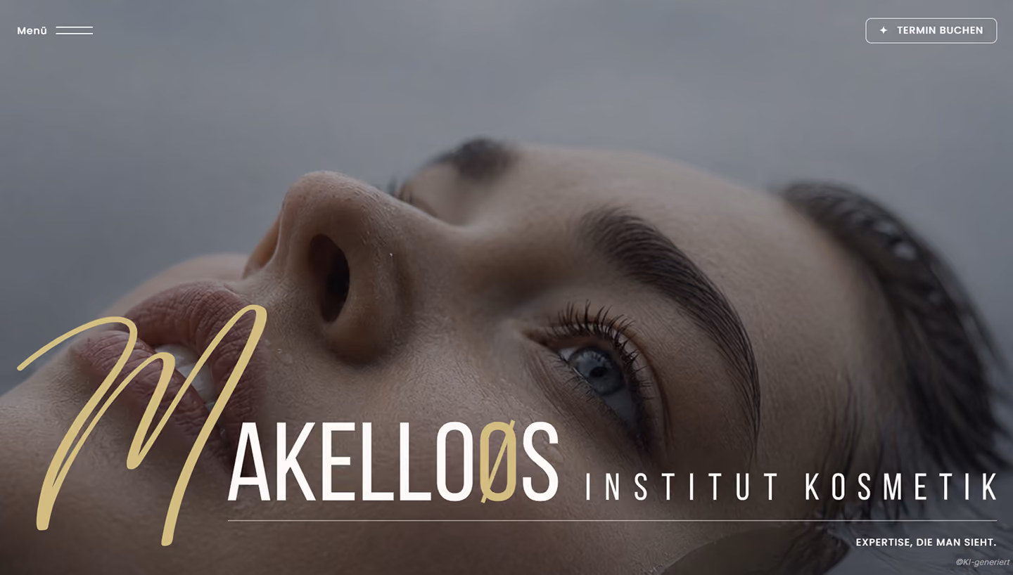 Hero-Bereich der Website von Makelloos Institut Kosmetik