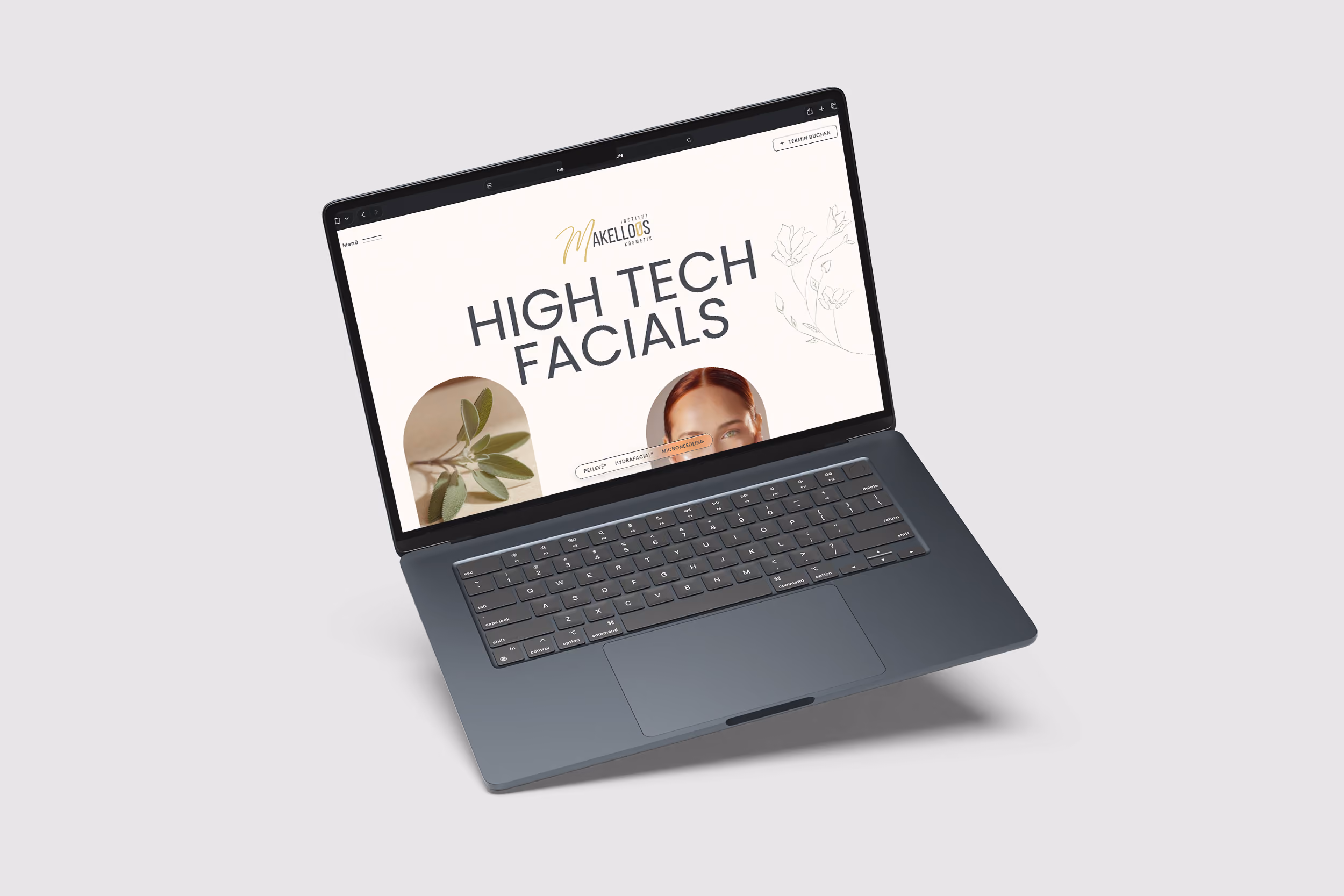 High-Tech-Facials-Seite der Website von Makelloos Institut Kosmetik auf einem Laptop