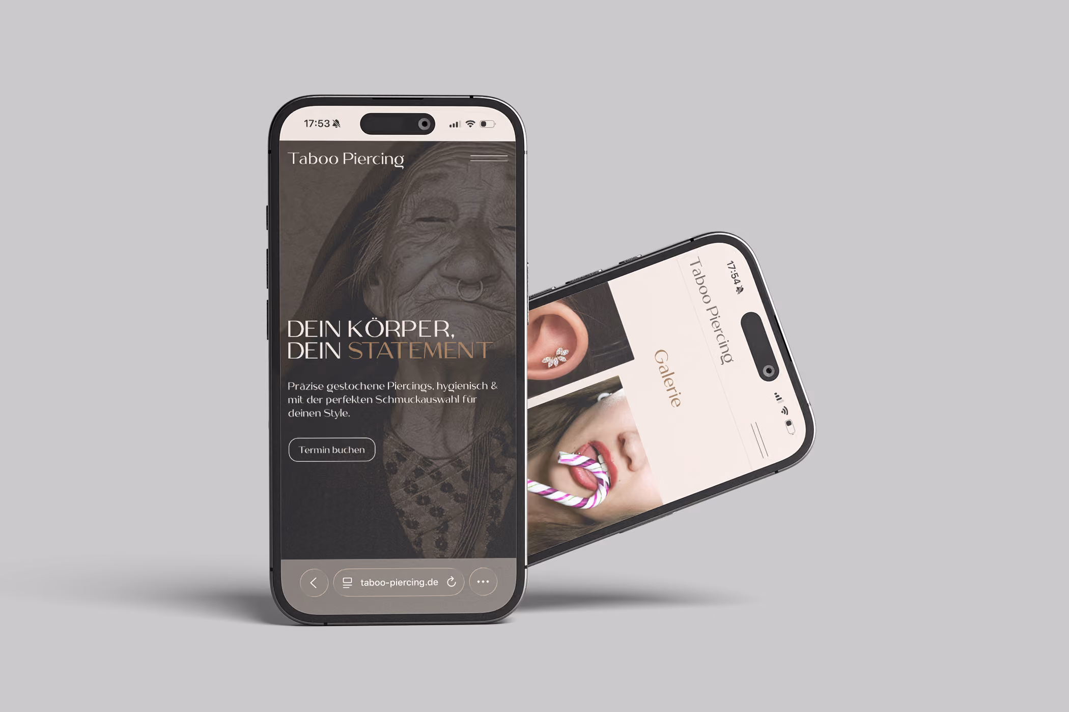 Website von Taboo Piercing auf zwei Smartphones: Startseite und Galerie