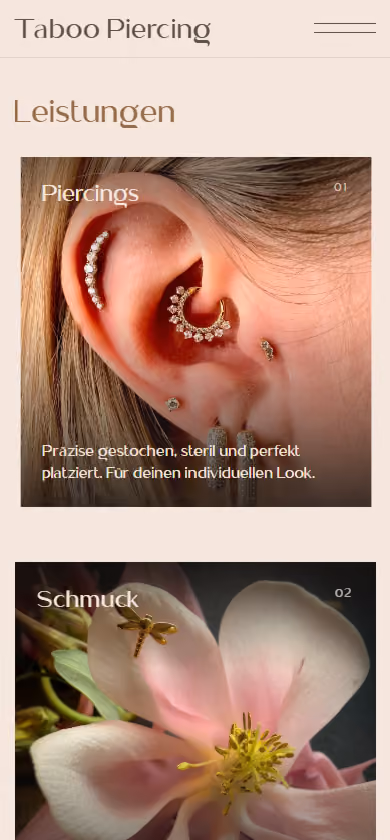 Mobile Ansicht der Leistungen Piercings und Schmuck auf der Website von Taboo Piercing