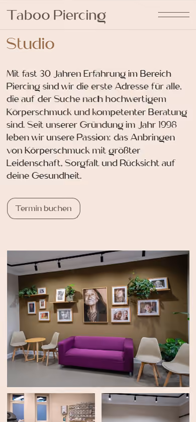Mobile Ansicht des Studio-Bereichs der Website von Taboo Piercing