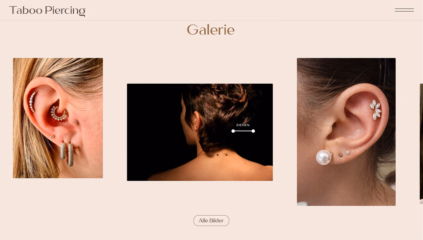 Galerie-Bereich der Website von Taboo Piercing mit Ohrpiercings