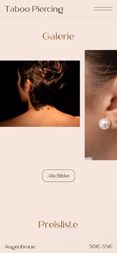 Mobile Ansicht von Galerie und Preisliste der Website von Taboo Piercing