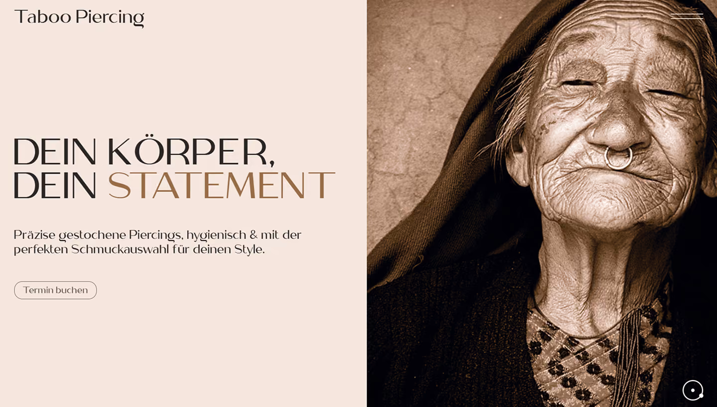Startseite der Website von Taboo Piercing mit der Überschrift „Dein Körper, dein Statement“