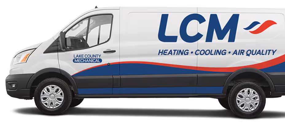 White service van with LCM logo and text 'Heating • Cooling • Air Quality' and 'Lake County Mechanical' on the side.