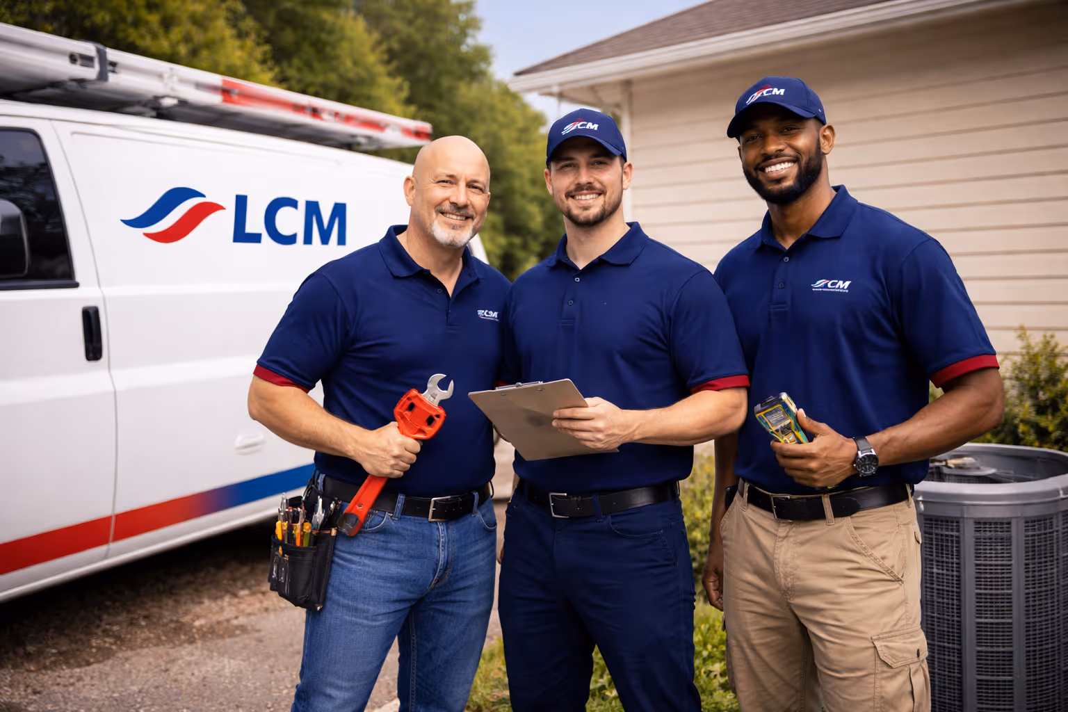 Three smiling technicians in blue LCM uniforms stand in front of an LCM service van, holding tools and a clipboard.