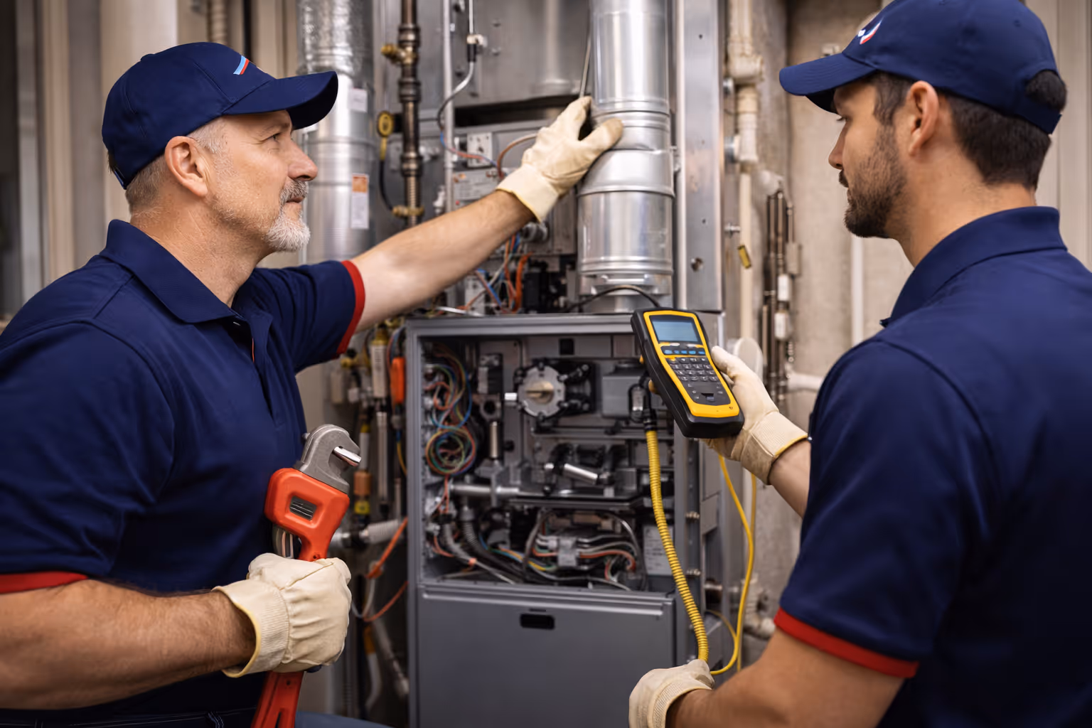 Two technicians in blue uniforms and gloves inspecting an open HVAC unit with tools and diagnostic equipment.