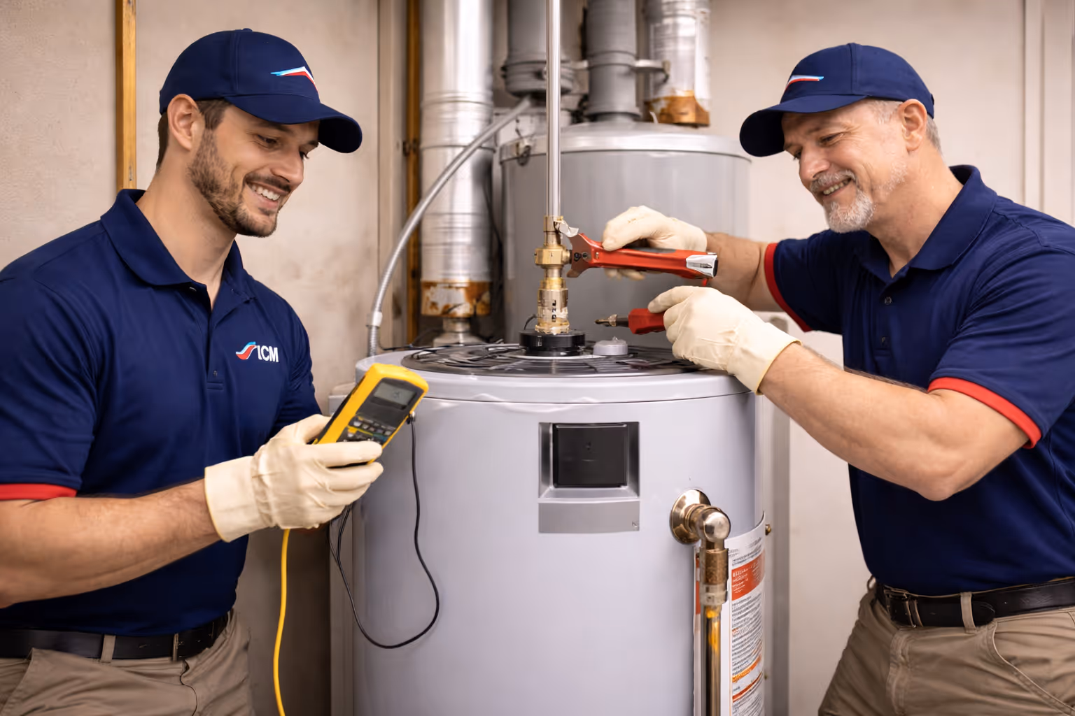 Two technicians in blue uniforms and gloves working on a water heater, one using a wrench and the other holding a yellow multimeter.