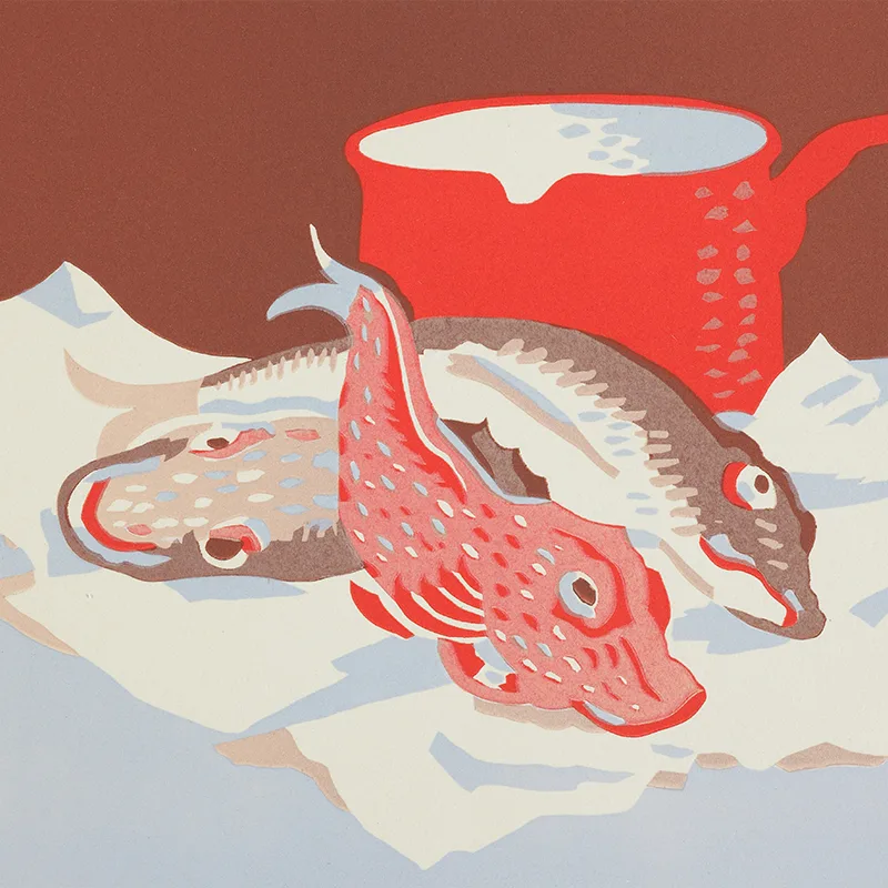 Drawing of fish on red background.