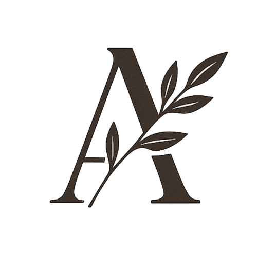 Stylized letter A with a branch and leaves extending diagonally across it.
