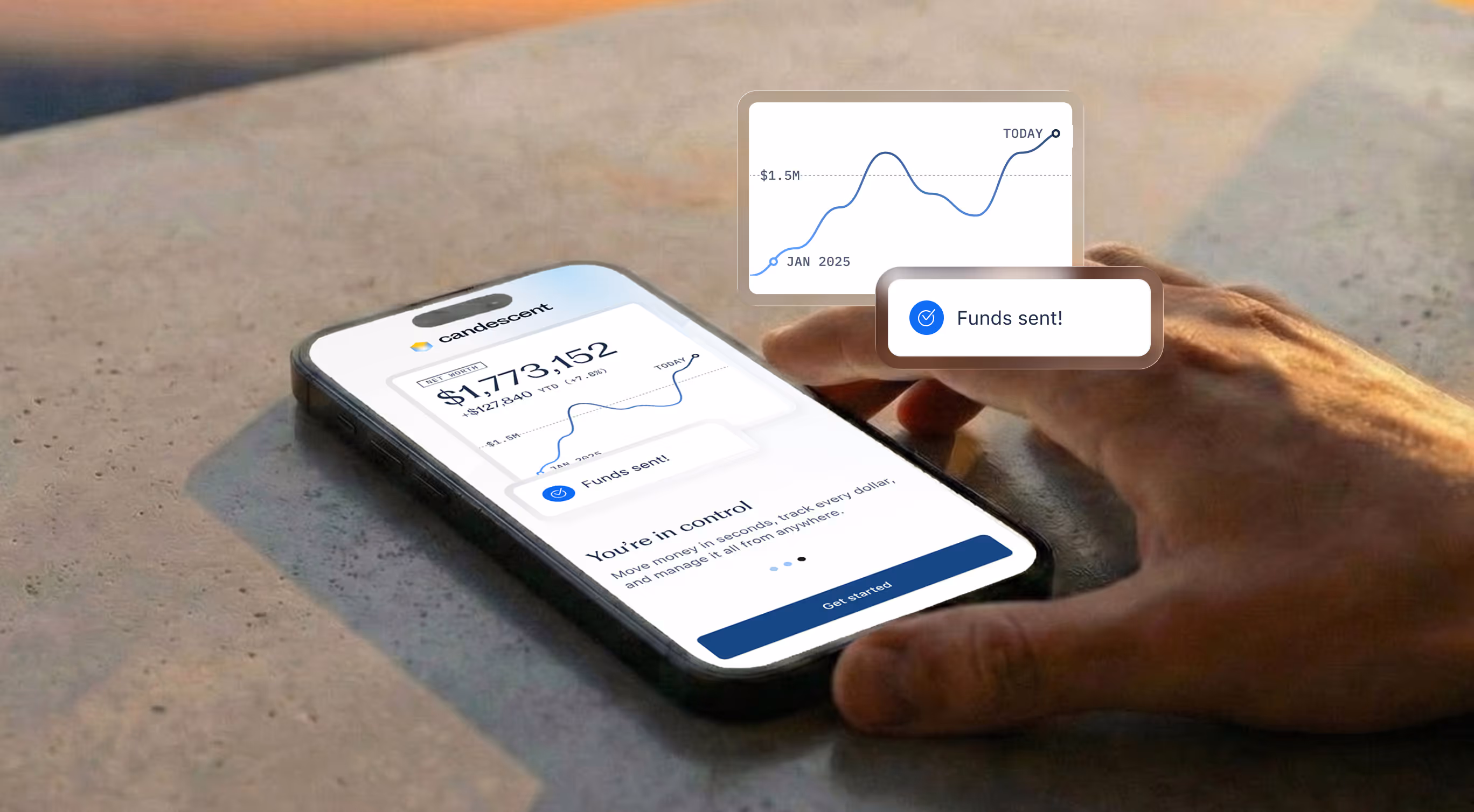 A phone showing the Candescent application dashboard