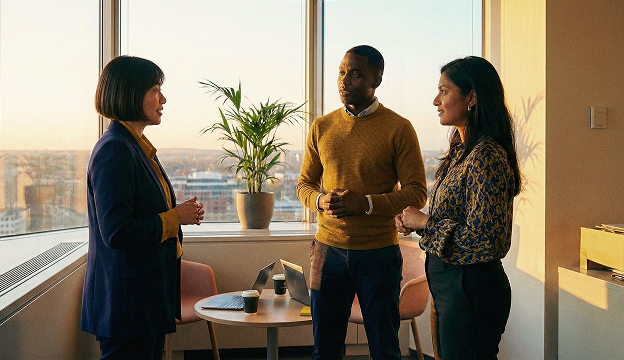 Three coworkers discussing work while standing