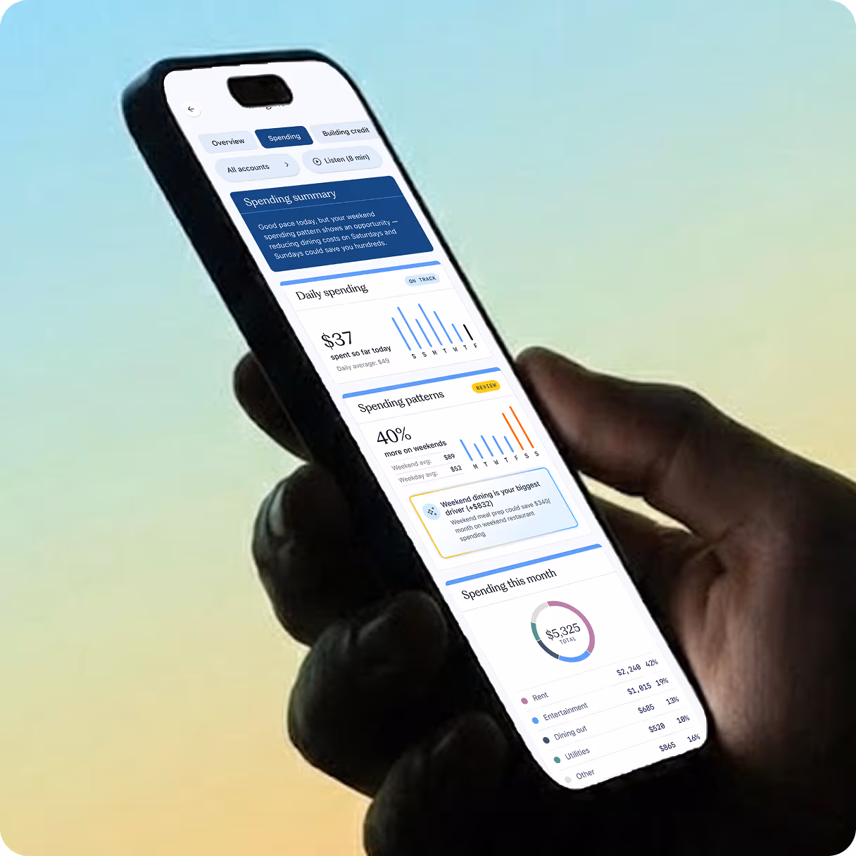 A phone showing Candescent's intelligent banking dashboard