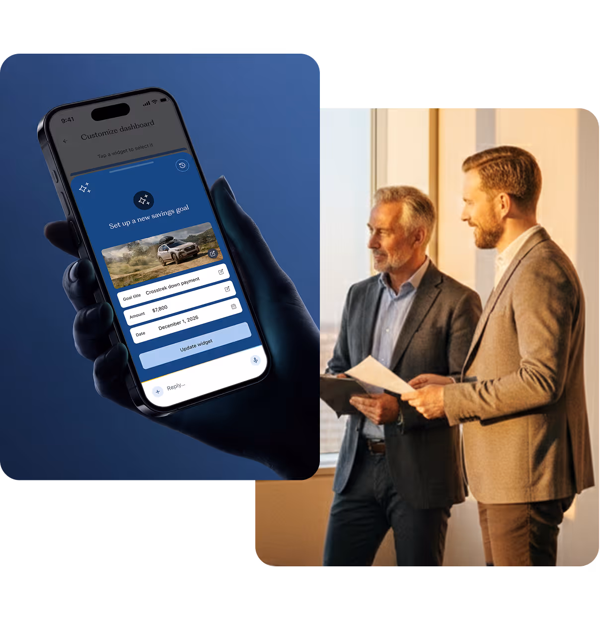 Two businessmen standing while a separate photo shows a hand holding a phone showing Candescent's savings goal feature
