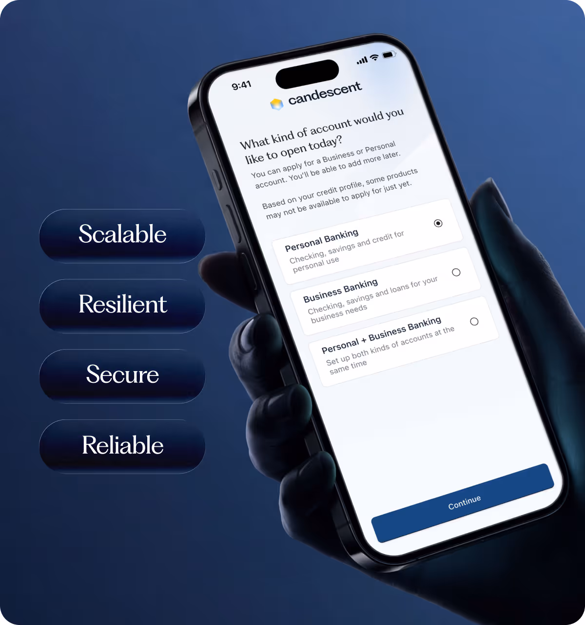 A phone showing Candescent's application account onboarding screen