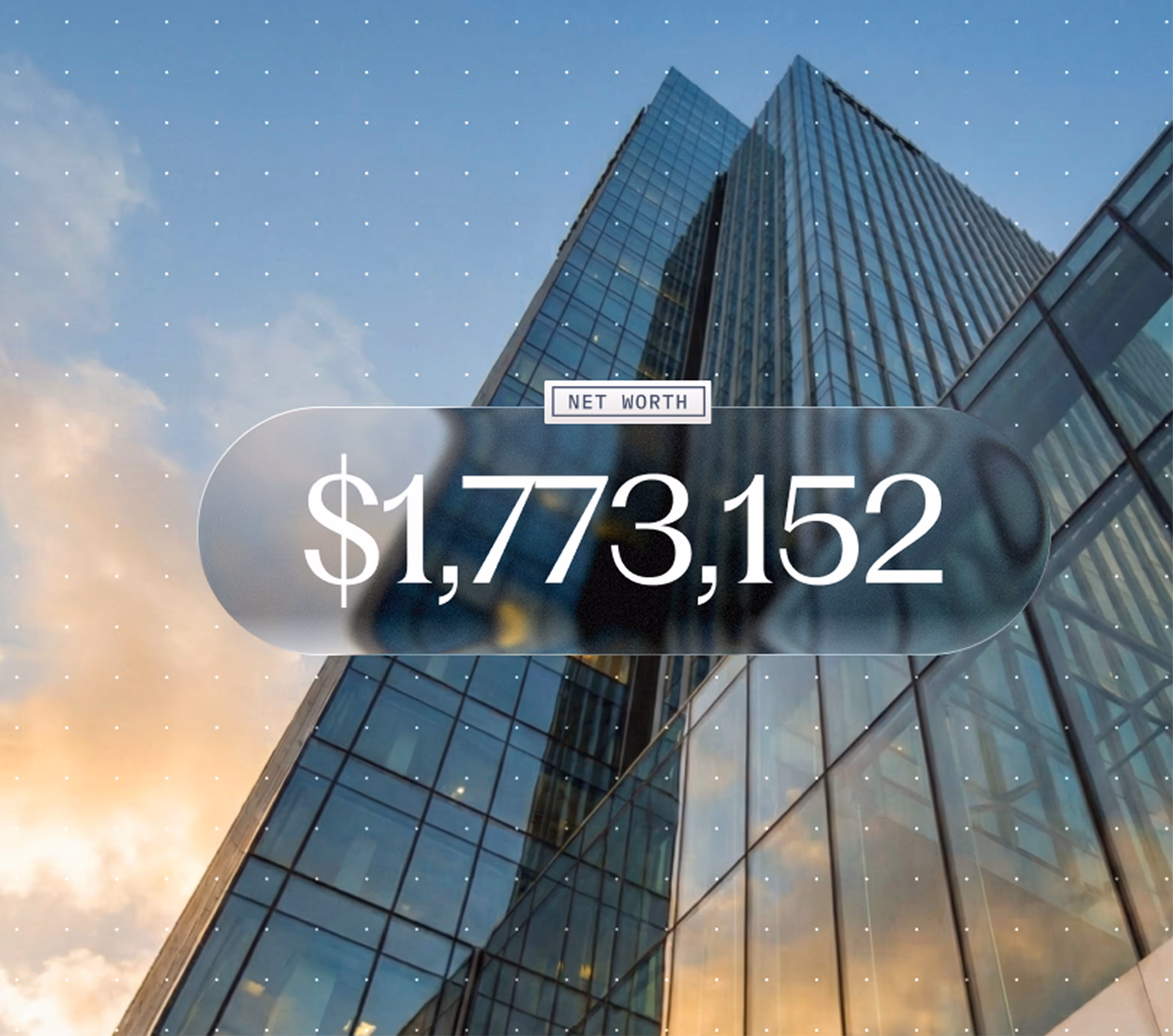 A net worth amount with a skyscraper in the background