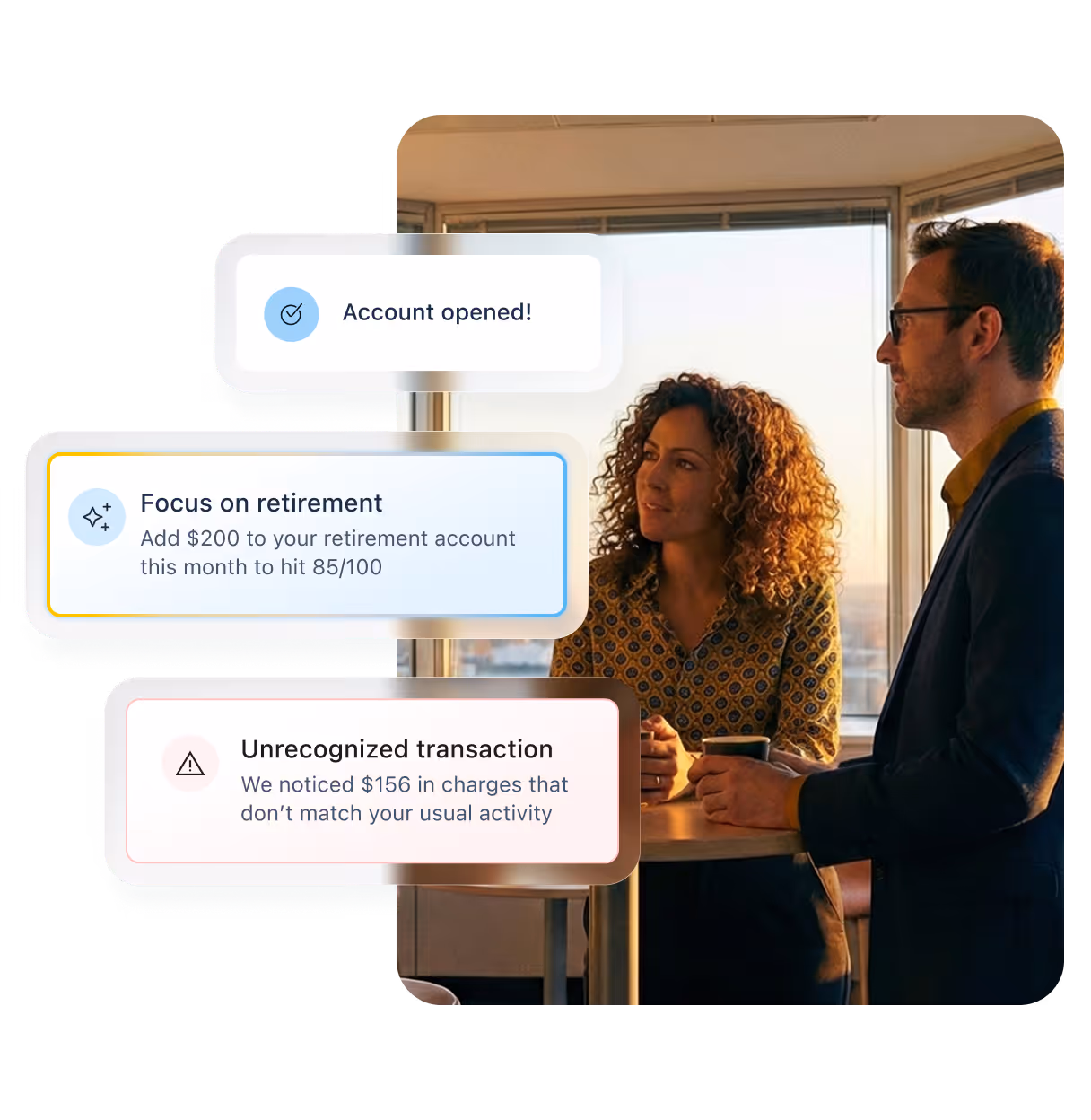 Two coworkers standing while there are highlights of Candescent application features