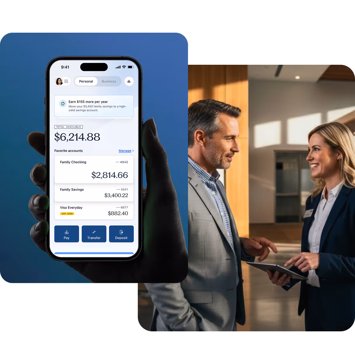 Two employees conversing while standing and a phone showing the Candescent software dashboard