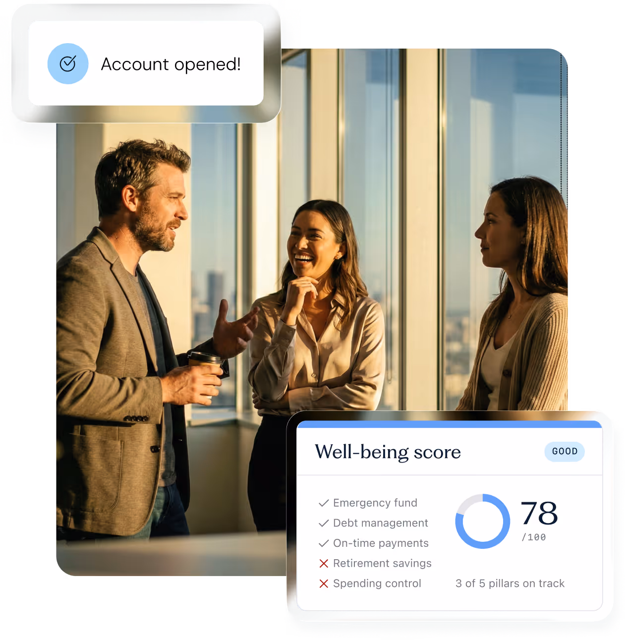 Three people talking while standing with examples of Candescent app feature highlights