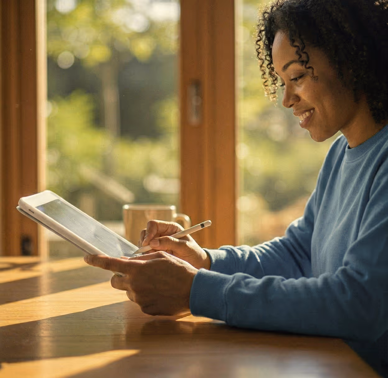 A woman using her tablet and stylus