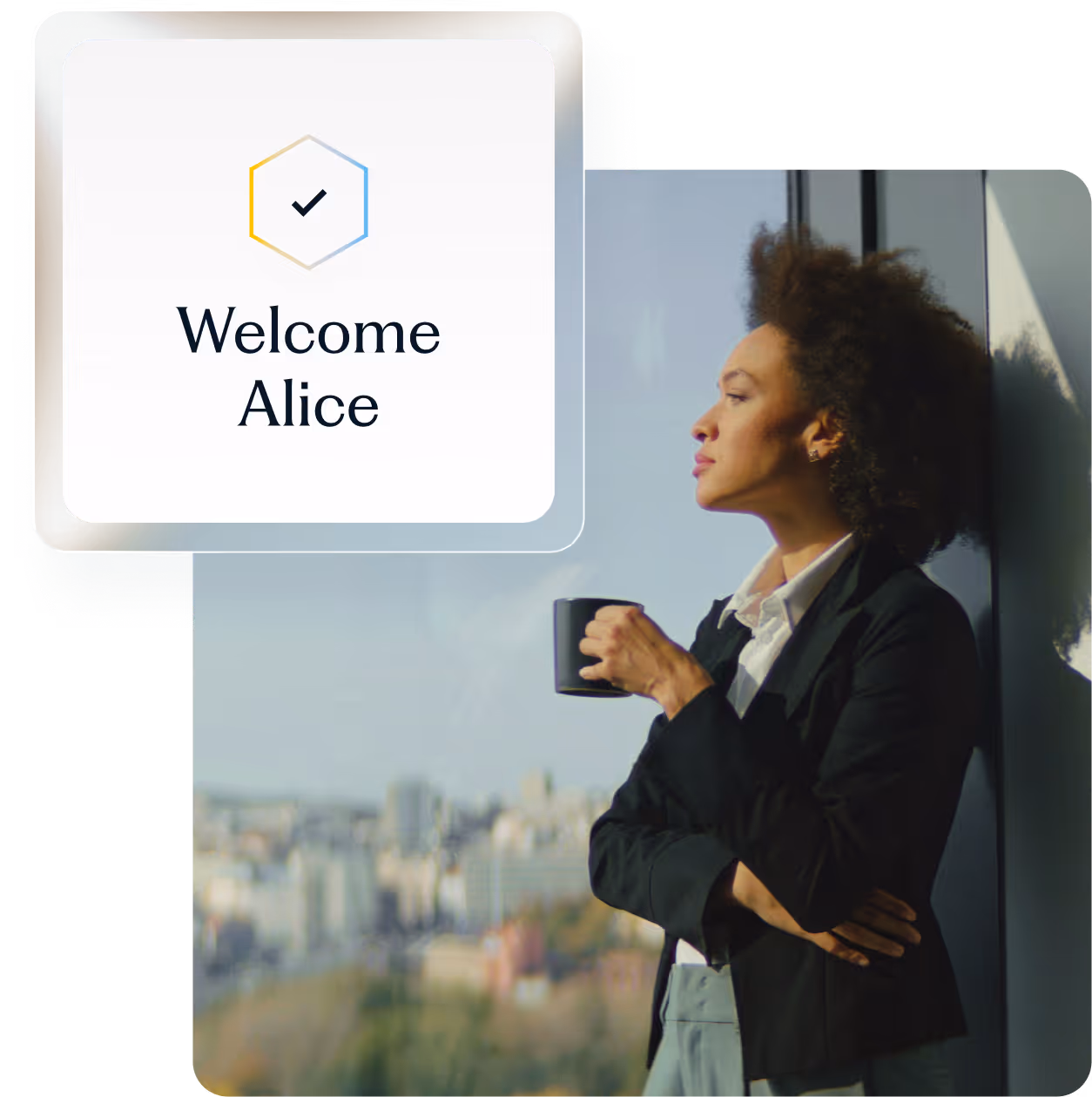 A woman holding a coffee mug while standing with a welcome message