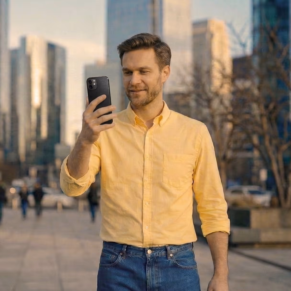 A man wearing yellow using his phone while walking