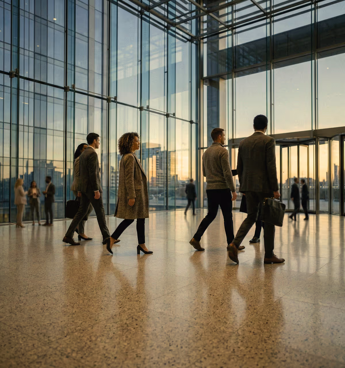 Office workers exiting the office building