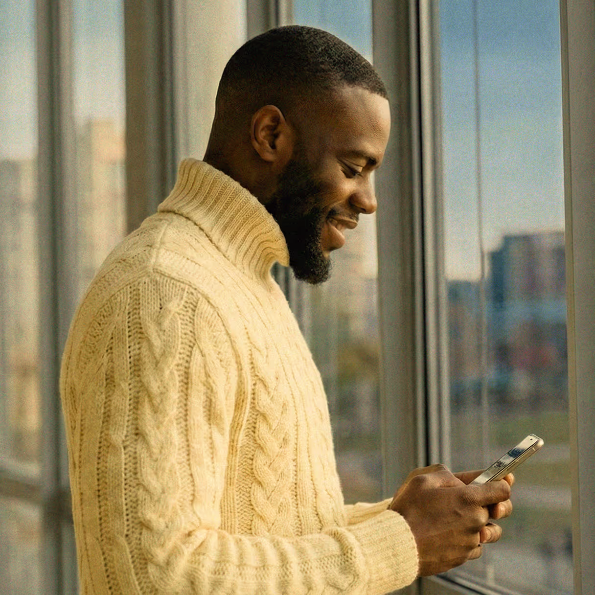 A man wearing a yellow turtleneck using his phone while standing