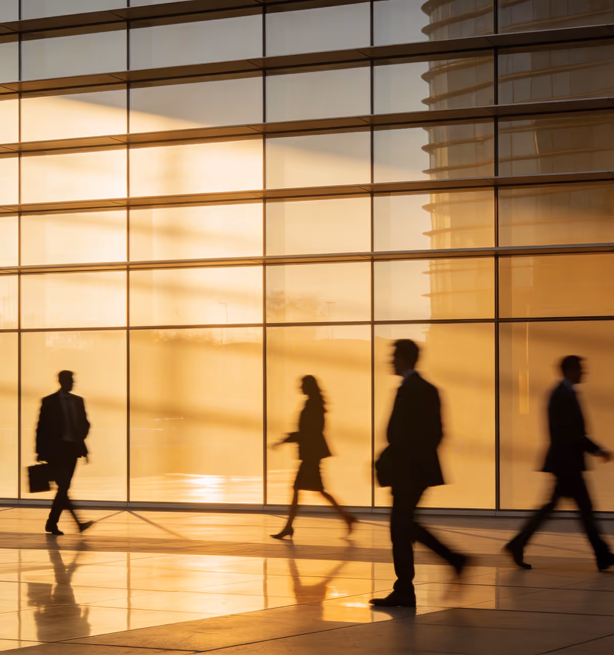 Silhouette of people walking in front of a office building
