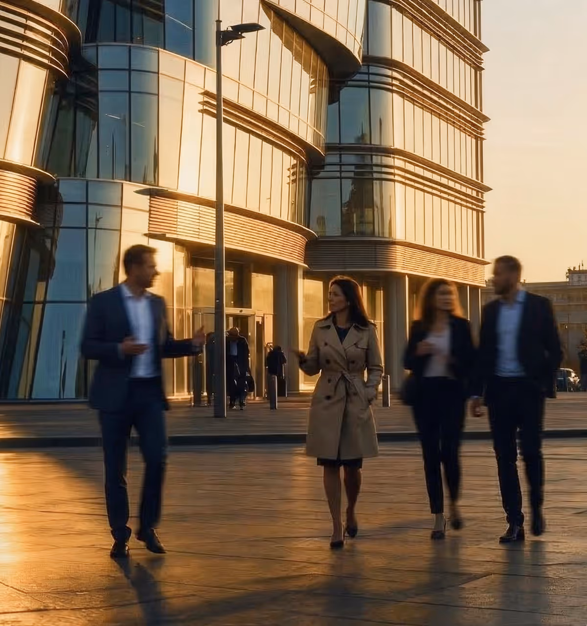 Four employees walking outside their office building