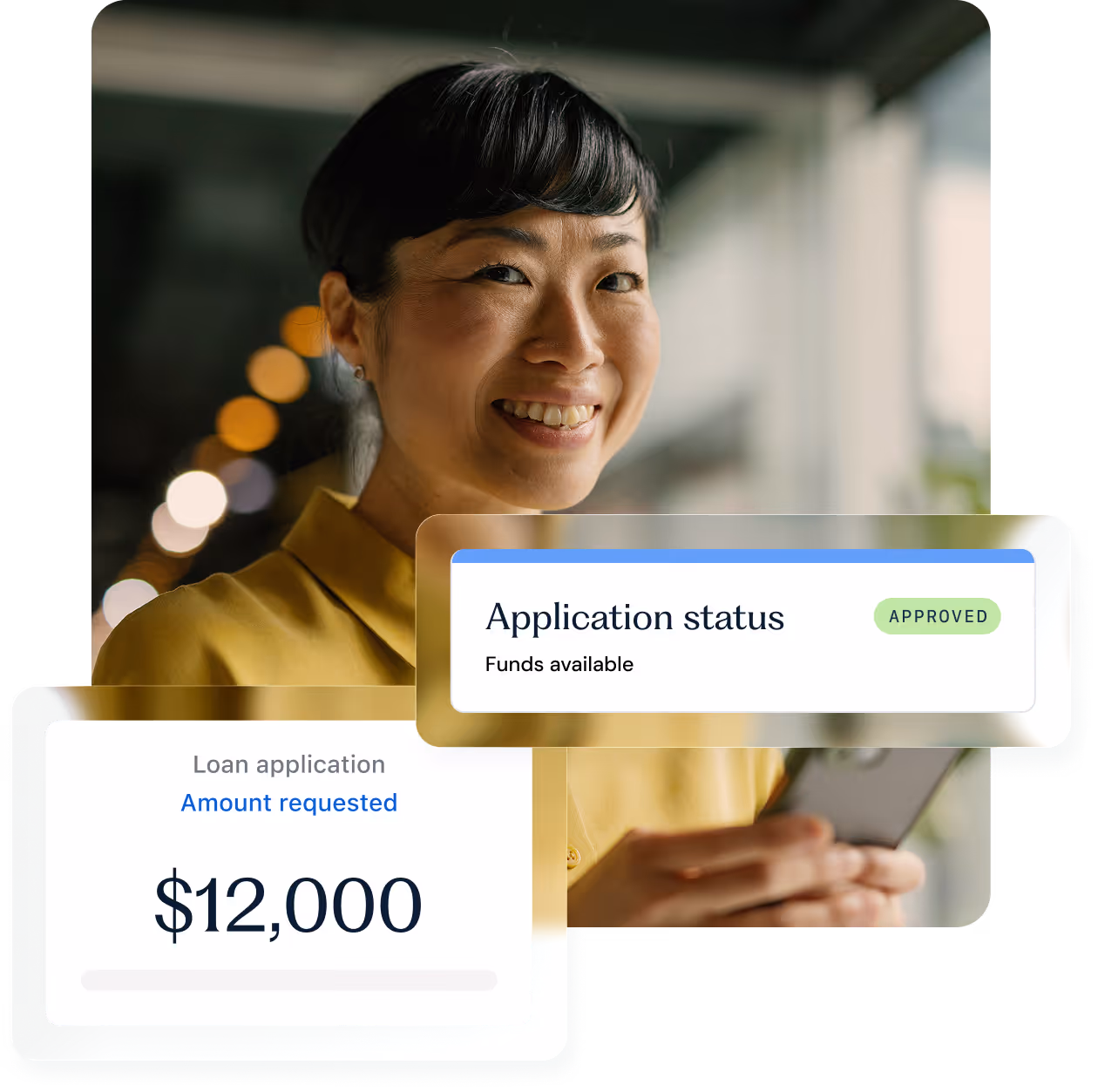 A woman smiling while holding her phone and highlights of candescent software features