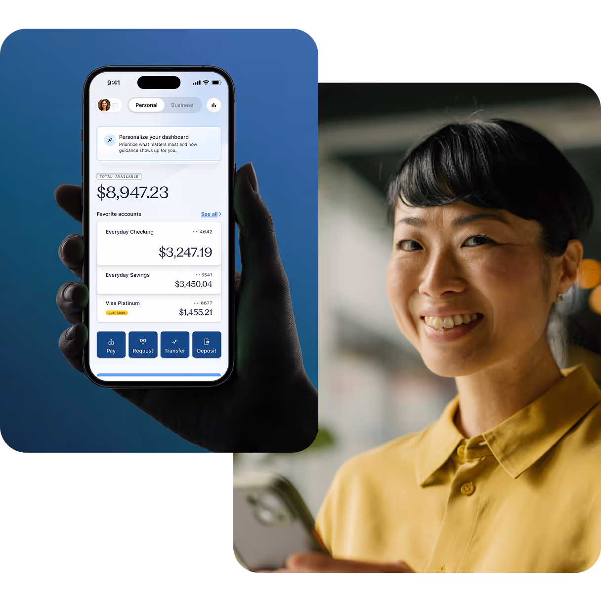 A woman smiling while holding her phone and highlights of candescent software features