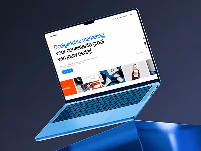 Blue laptop floating above a reflective blue surface displaying a Dutch marketing website on its screen.