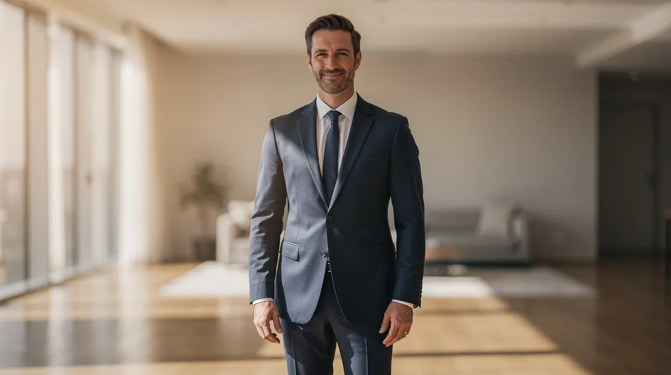 A man stands confidently in a sunlit room, wearing a perfectly fitted navy suit that showcases his personal style and elegance. The custom clothing highlights the premium fabrics and meticulous design details, emphasizing the perfect fit tailored to his measurements.