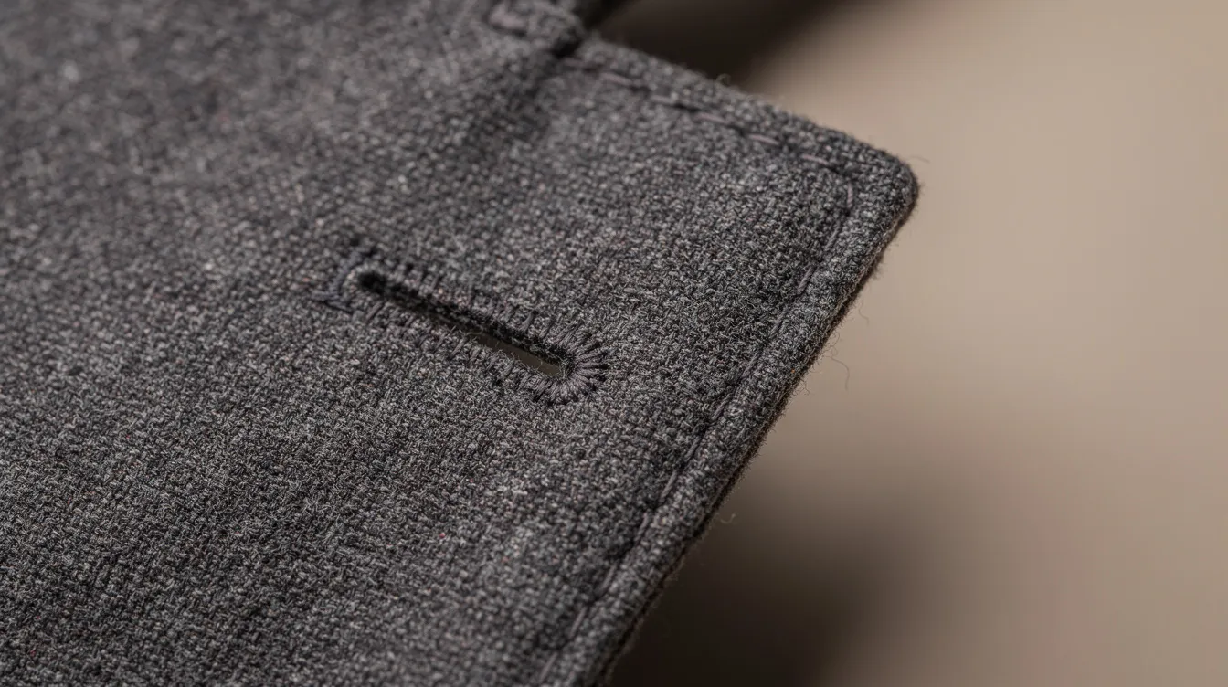 A close-up view of a jacket lapel highlights intricate stitching and a finely crafted buttonhole, showcasing the attention to detail typical of made to measure clothing. The premium fabric and design details reflect a personalized fit that enhances the wearer's personal style.