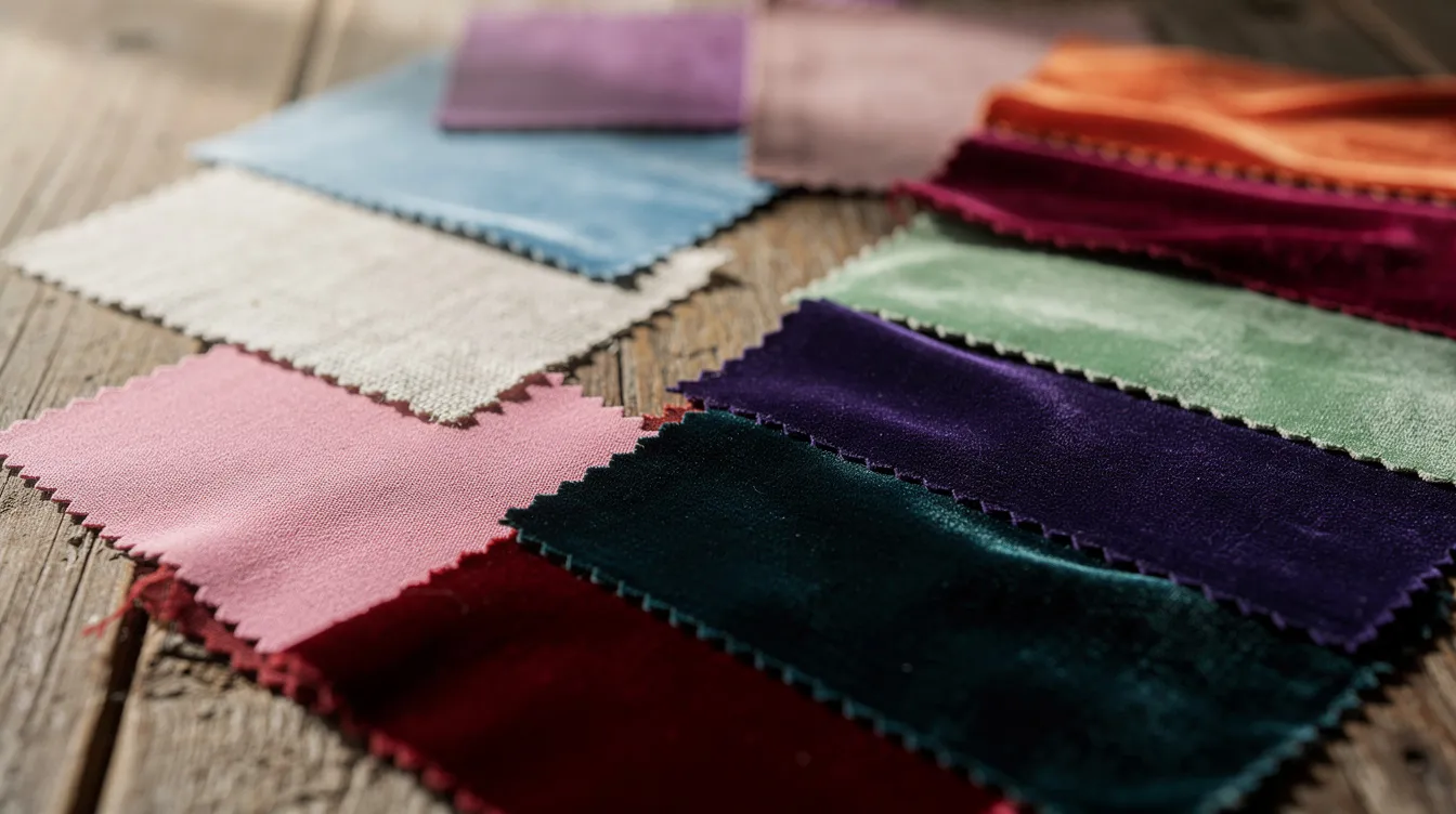 A close-up view of vibrant fabric swatches is displayed on a wooden table, showcasing a range of premium fabrics ideal for creating custom clothing like dress shirts and suits. Each swatch represents various style options and design details, emphasizing the personalized fit that can be achieved through made-to-measure garments.