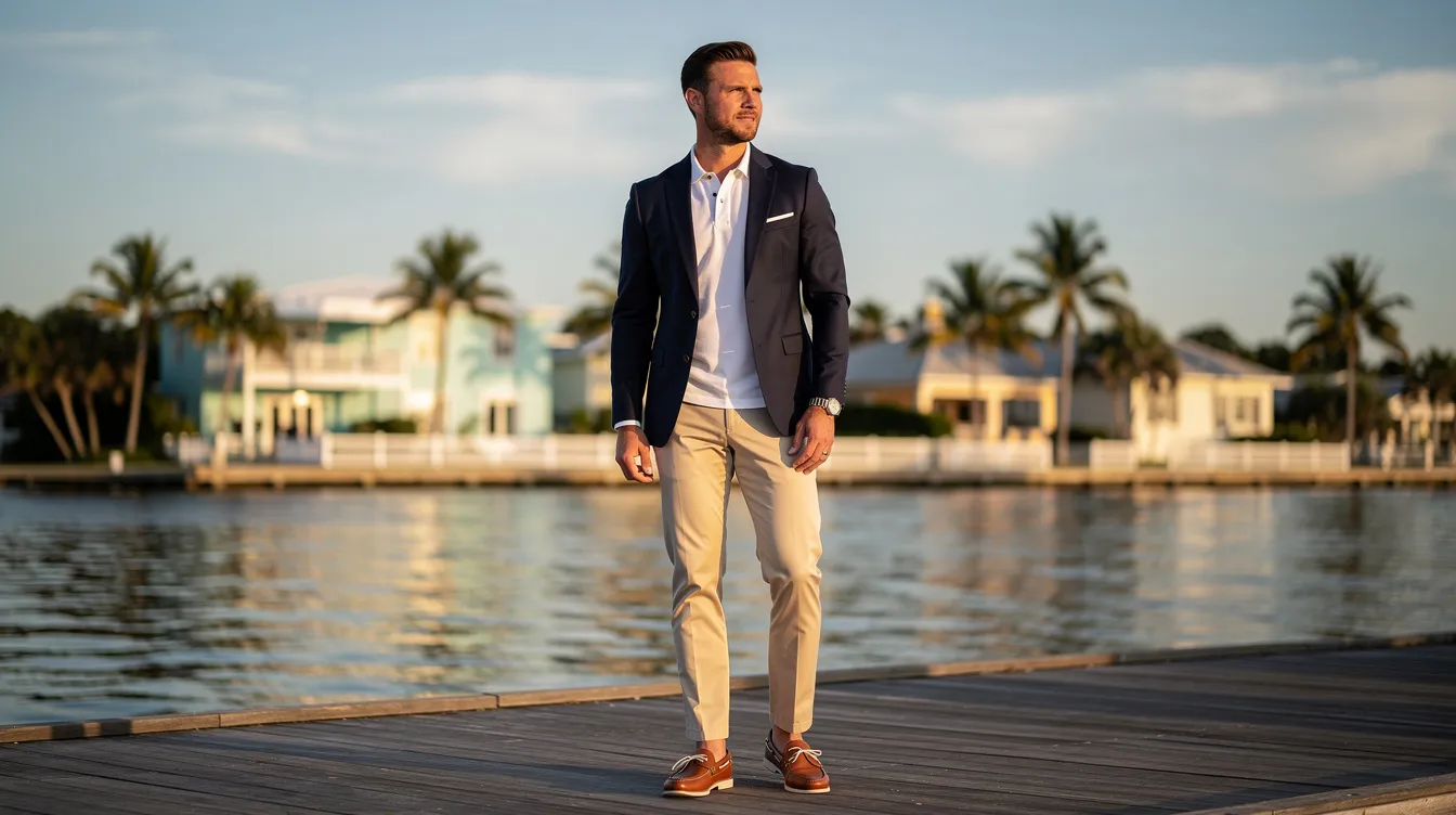 The image features a sharp-looking man dressed in a navy blazer, a polo shirt, and boat shoes, set against a picturesque Gulf Coast background. This refined style showcases the perfect blend of comfortable and tailored pieces, ideal for a relaxed spring day by the water.