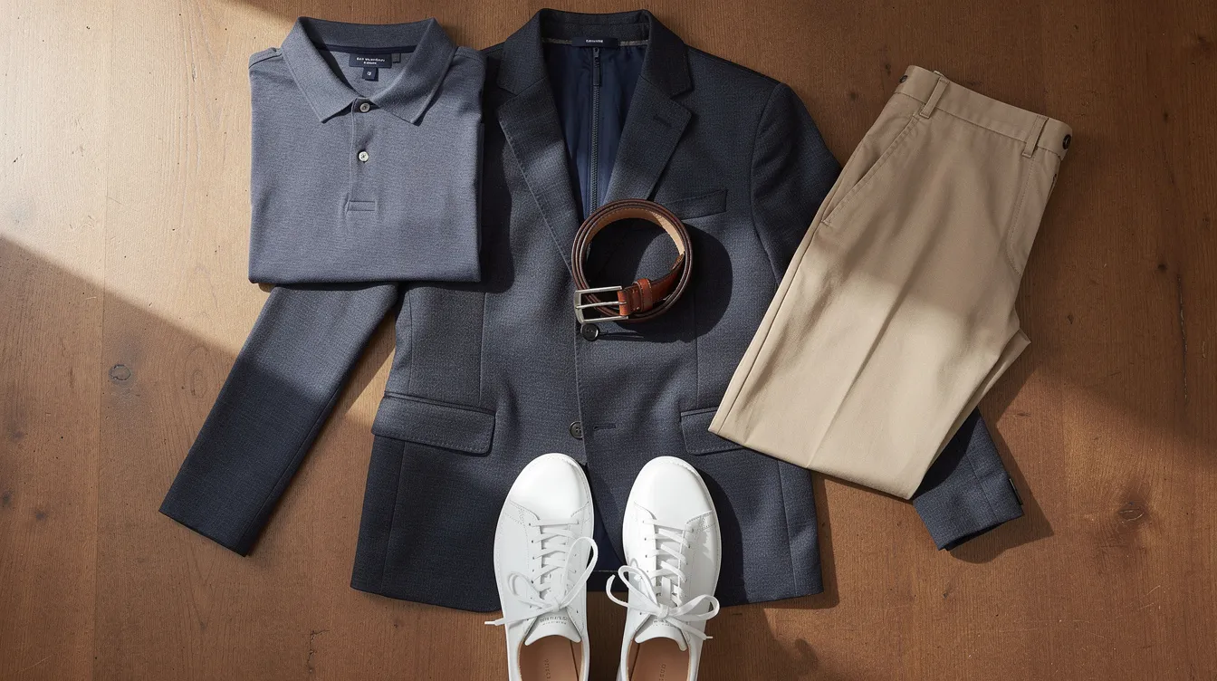 This image features a flat lay of smart casual wardrobe essentials for men, showcasing a polo shirt, tailored chinos, a blazer, a leather belt, and clean sneakers arranged neatly on a wooden surface. These pieces represent better basics for a relaxed yet refined style, perfect for the spring season.