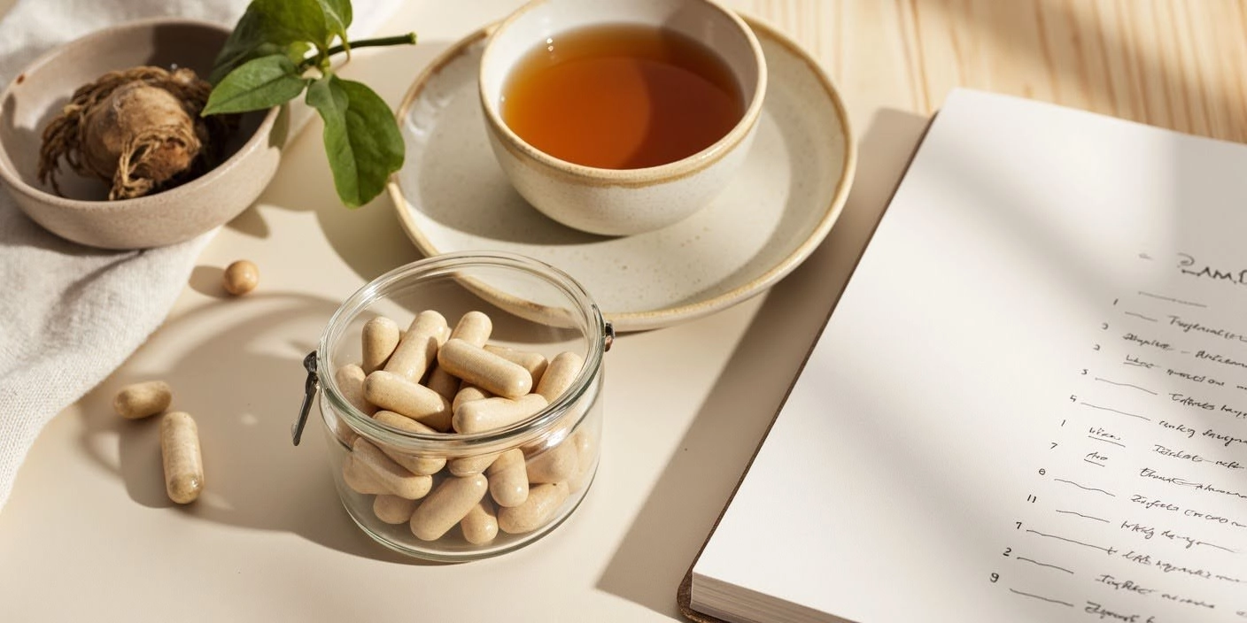 Ashwagandha for pmdd capsules, herbal tea, and a menstrual cycle journal on a soft, natural background symbolizing holistic support for Premenstrual dysphoric disorder.
