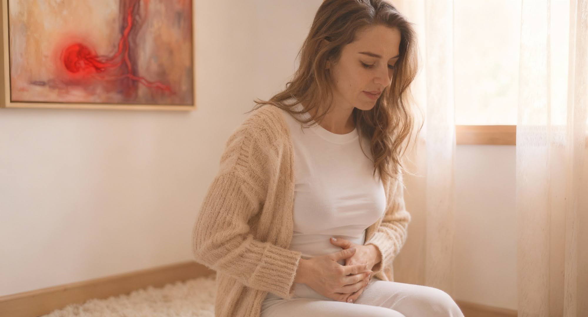 A soft, light-colored photo of a woman sitting in soft morning light, holding her abdomen in pain symbolizing awareness and healing for endometriosis and PMDD.