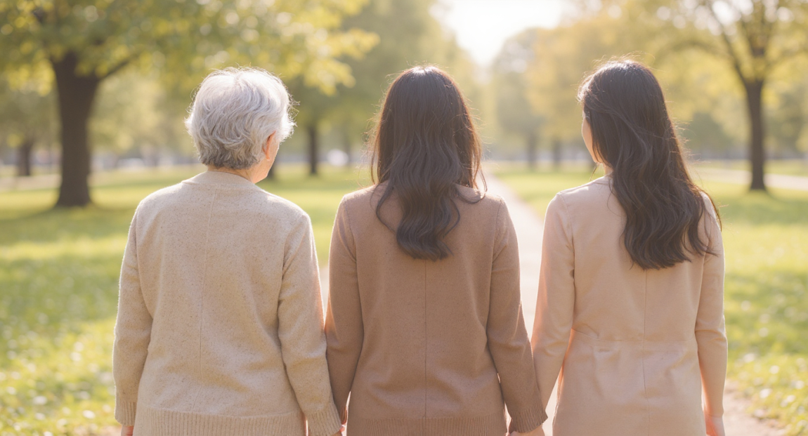 Three generations of women walking in a park while holding hands, symbolizing the emotional and genetic connection in PMDD.