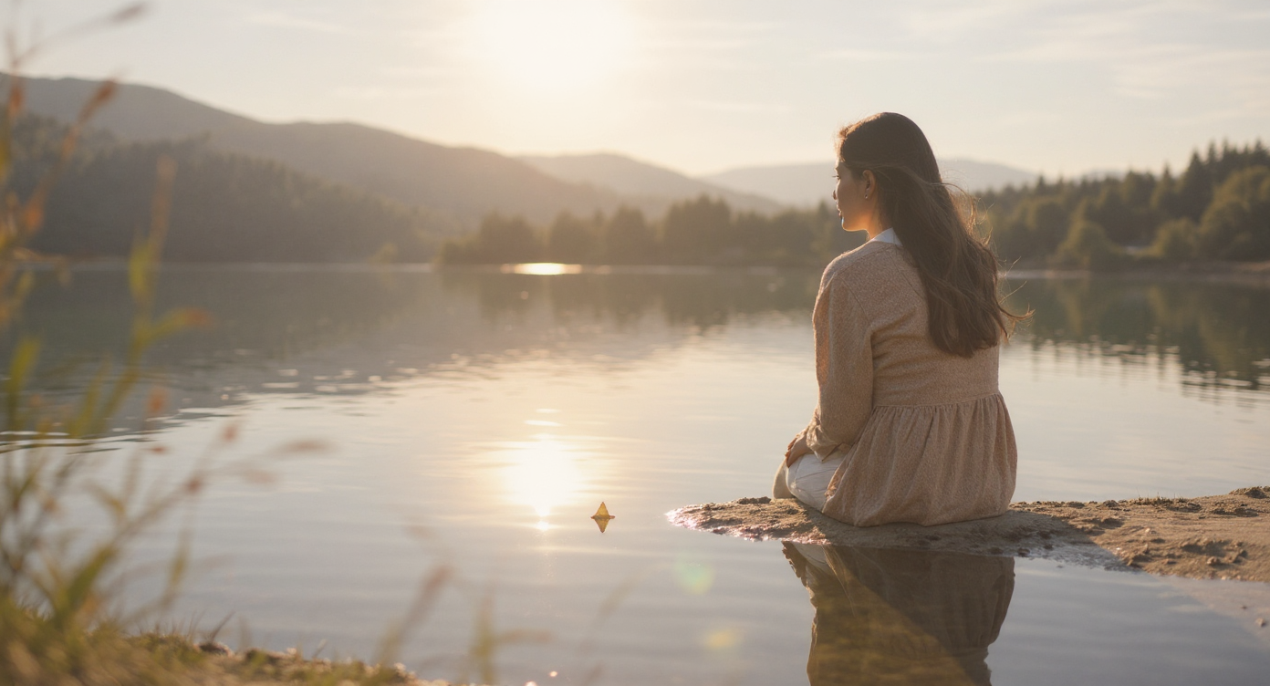 Woman in her 40s sitting quietly by a calm lake during soft sunlight, her reflection visible in the water, symbolizing acceptance and emotional balance through PMDD and perimenopause.