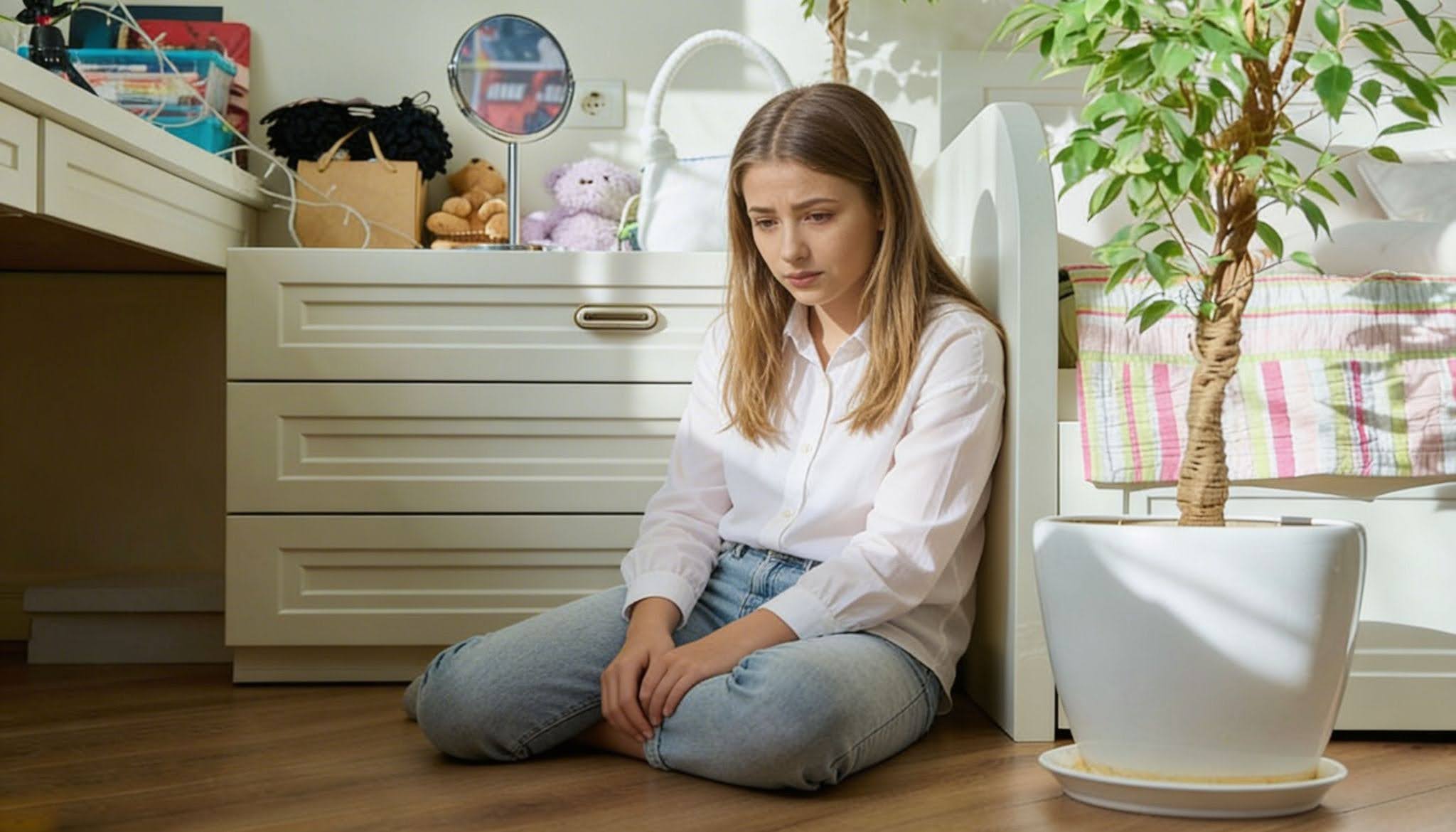 Teenage girl sitting in the floor of her bedroom in distress as she's feeling anxious, representative of PMDD in teens