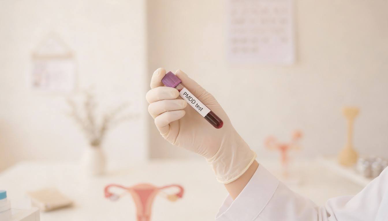 A gloved hand holding a blood sample tube labeled “PMDD test” in a softly lit clinical setting, with blurred medical and anatomical elements in the background.