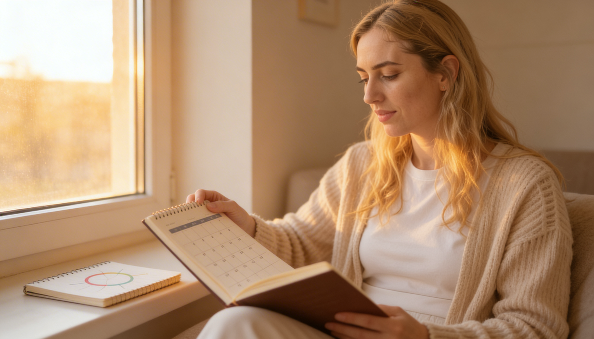 Woman sitting thoughtfully by a window, reflecting on mood changes across her menstrual cycle, representing PME vs PMDD differences.