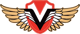 Red shield with white and black letter V, flanked by gold wings.