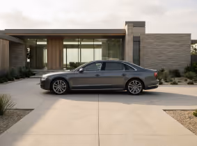 Gray luxury sedan parked in front of a modern house with large glass windows and minimalist landscaping.